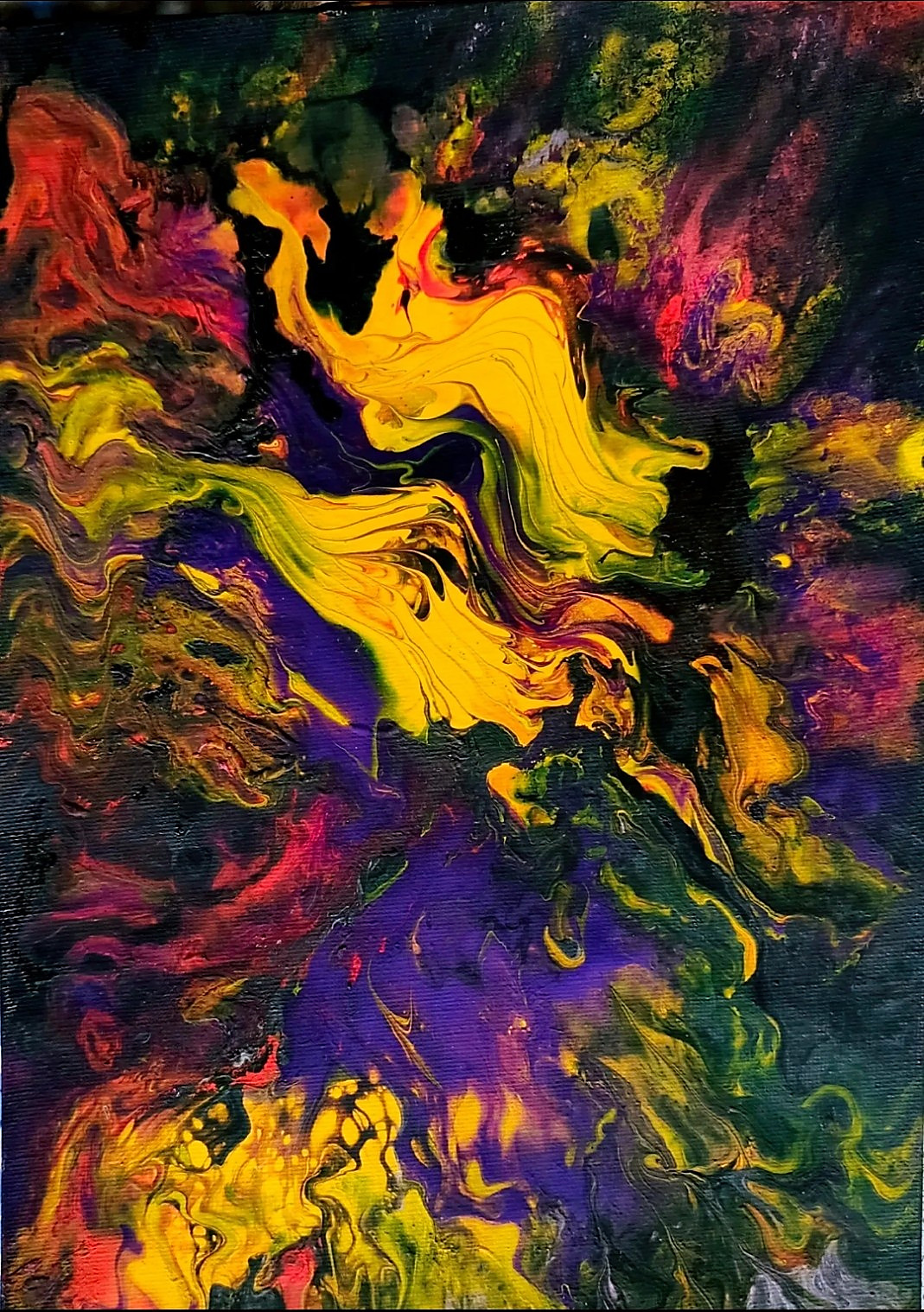 Abstract acrylic painting with luminous yellow forms sweeping through deep purple, green and dark tones, with flashes of red and orange.