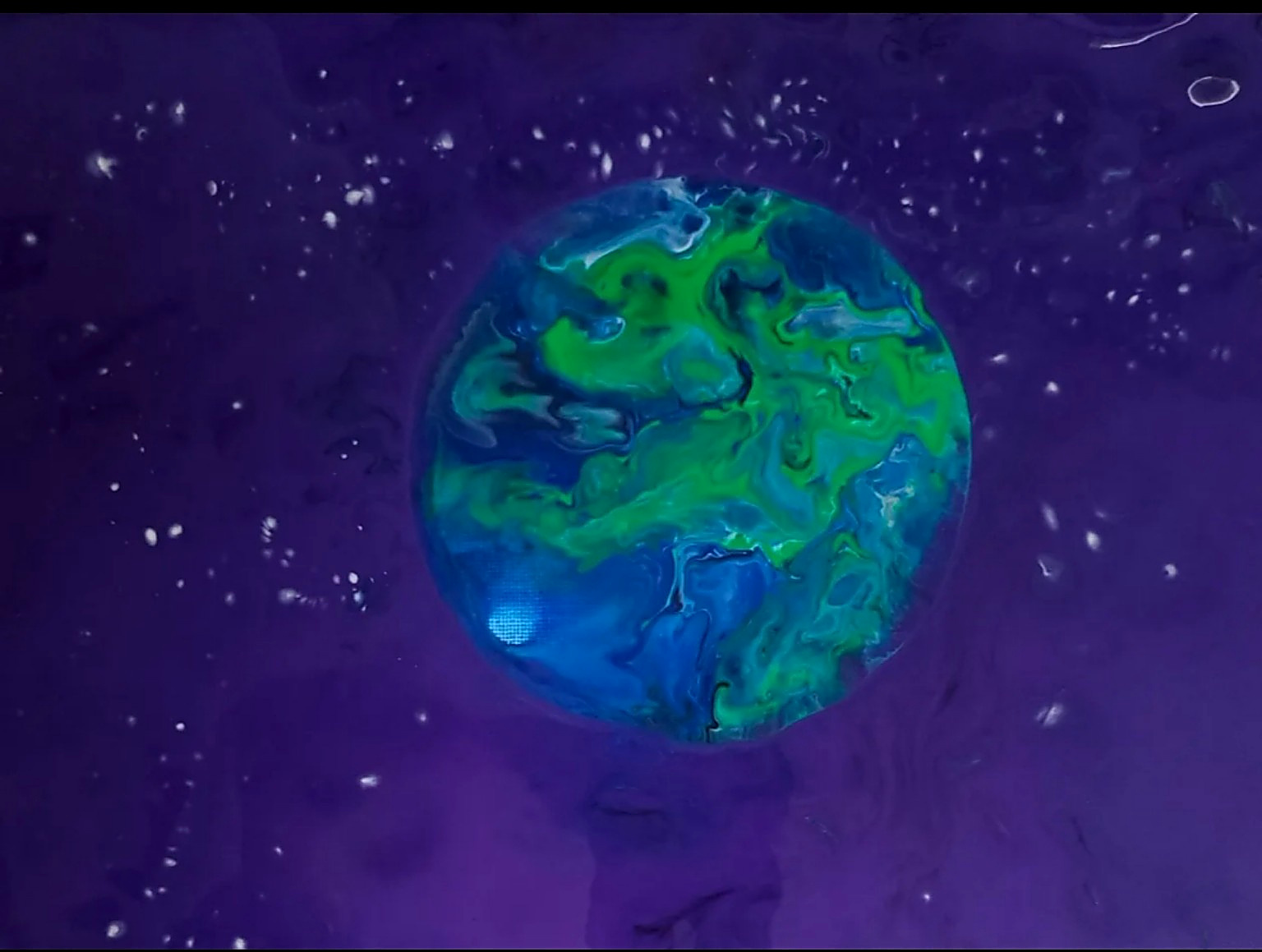 Abstract acrylic painting of a blue and green planet suspended in a deep purple field scattered with white stars.