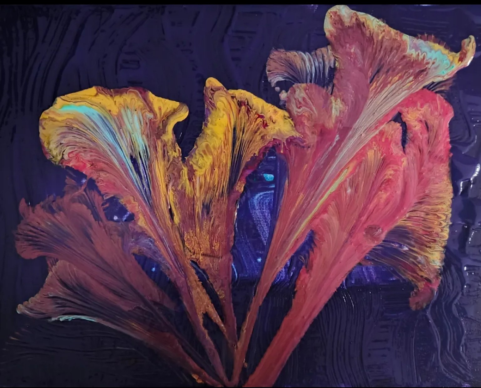 Abstract acrylic painting in deep violet with flowing pink, copper and pale blue flowers against a dark background.