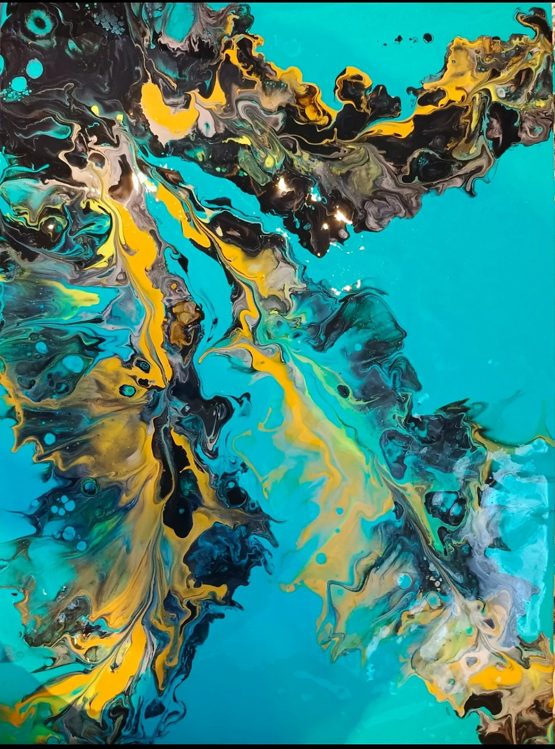 Abstract acrylic painting dominated by turquoise, with black, charcoal and gold forms flowing through the composition.