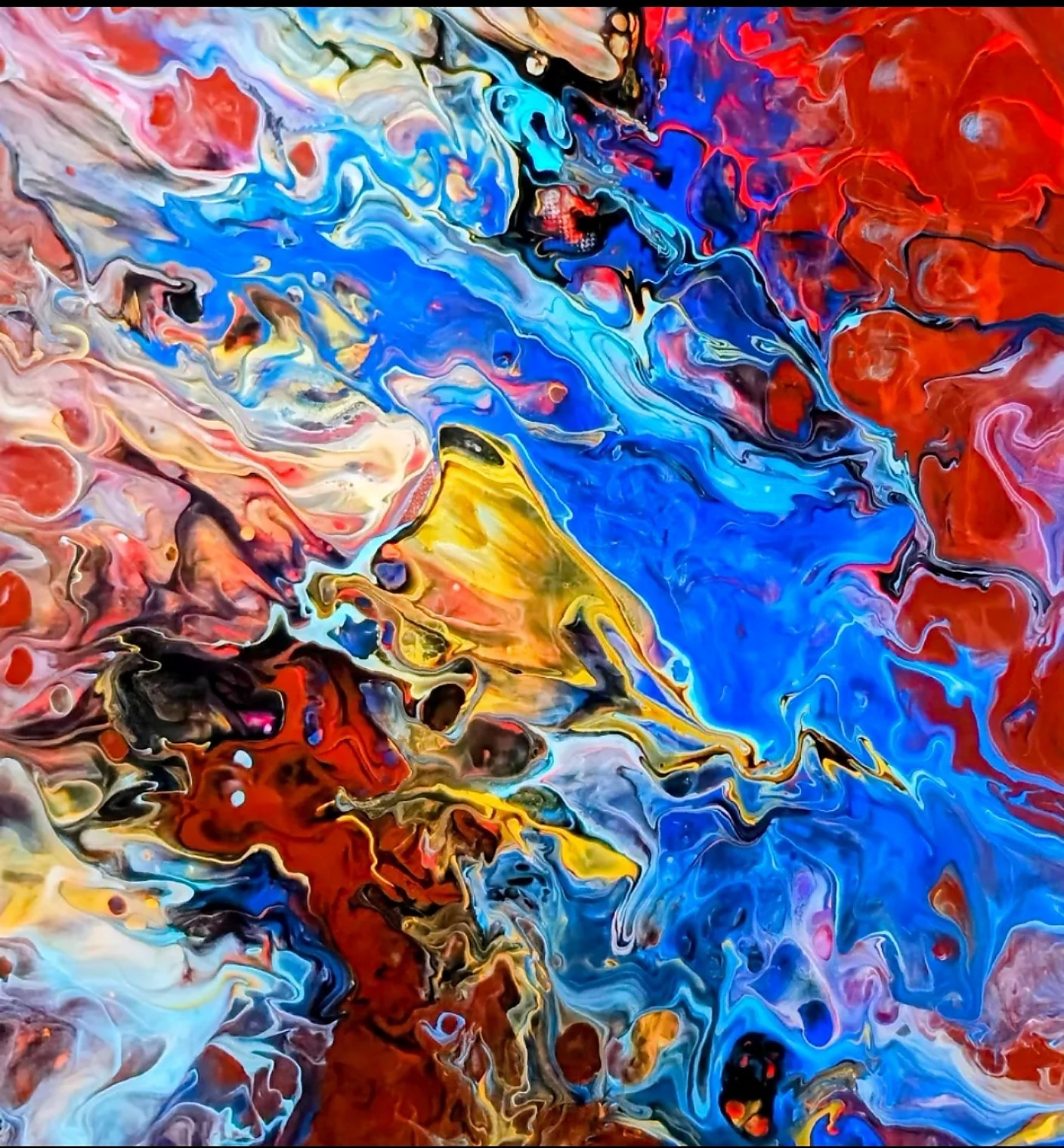 Vivid abstract acrylic painting with flowing cobalt blue, red, gold and white forms in a lively, water-like composition.