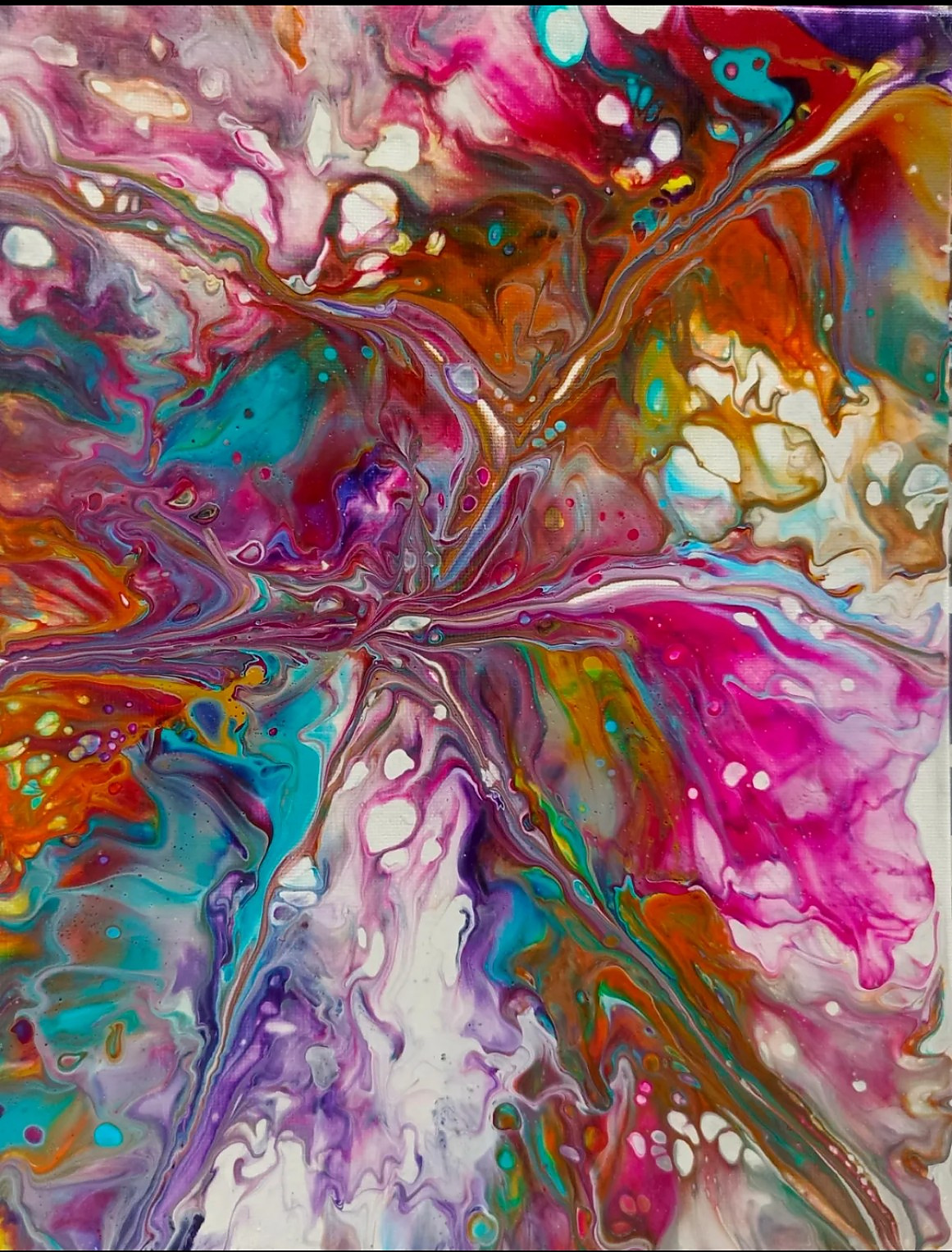 Abstract acrylic painting in vivid pink, turquoise, orange, violet and white, radiating outward in energetic organic forms.