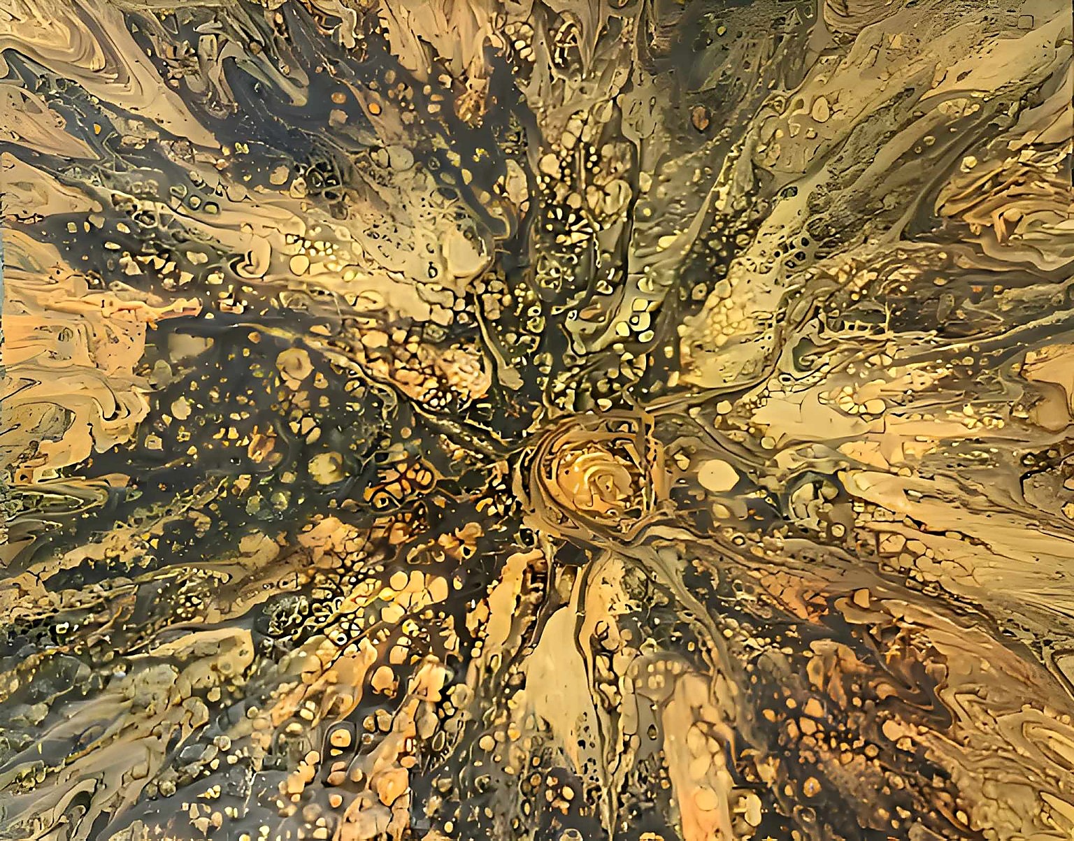 Abstract acrylic painting in charcoal black and luminous gold, with flowing layered forms and warm ochre highlights.