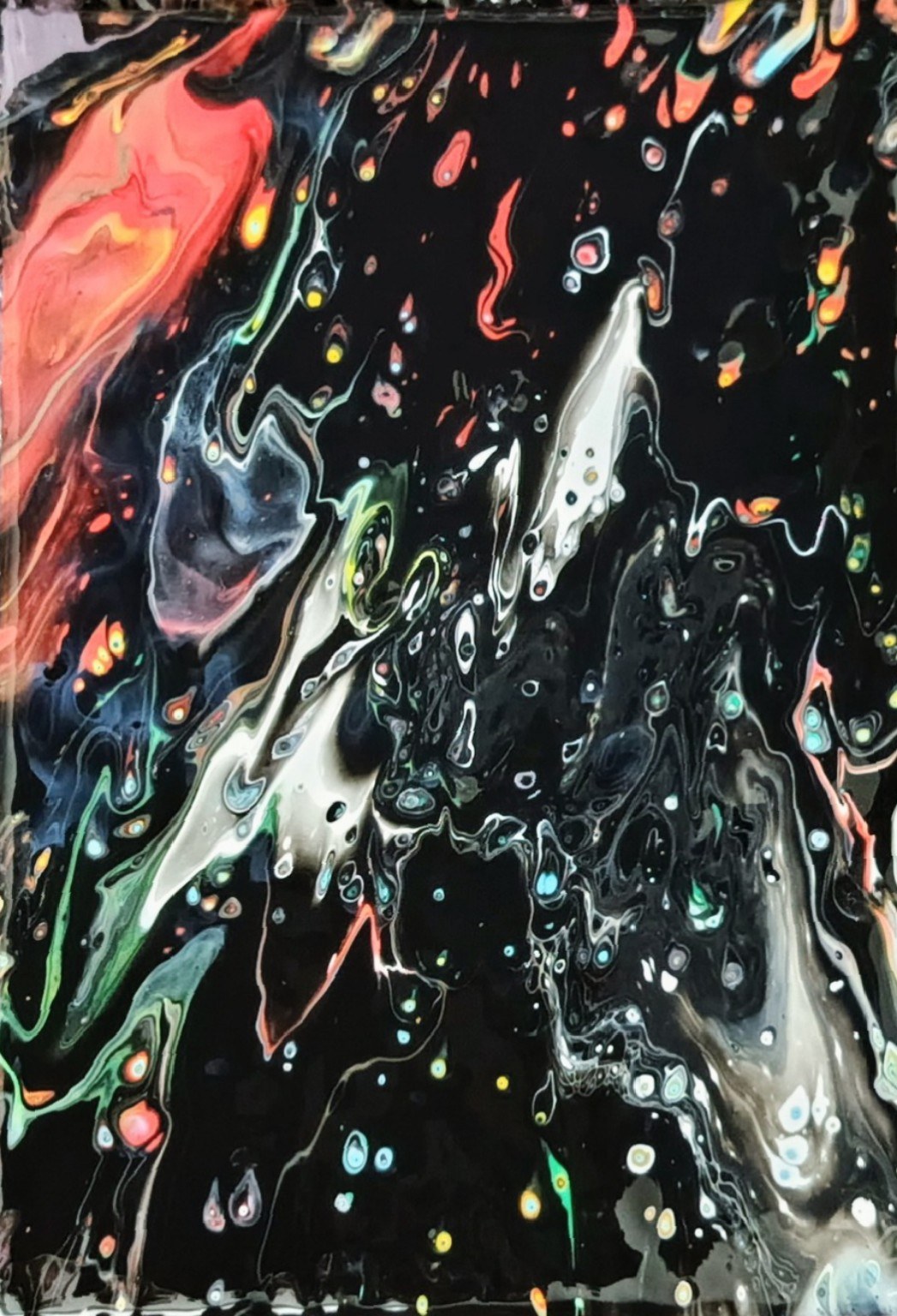 Abstract acrylic painting on a deep black background, with flowing white, coral, green and turquoise forms drifting through the composition like fragments of light.