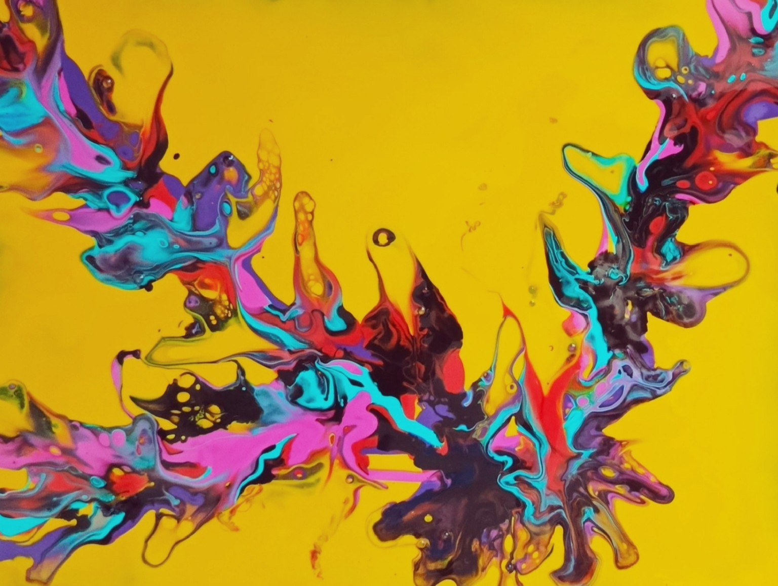 Abstract acrylic painting with a vivid yellow background and flowing organic forms in turquoise, pink, red, purple and black, spreading across the canvas like colourful musical movement.