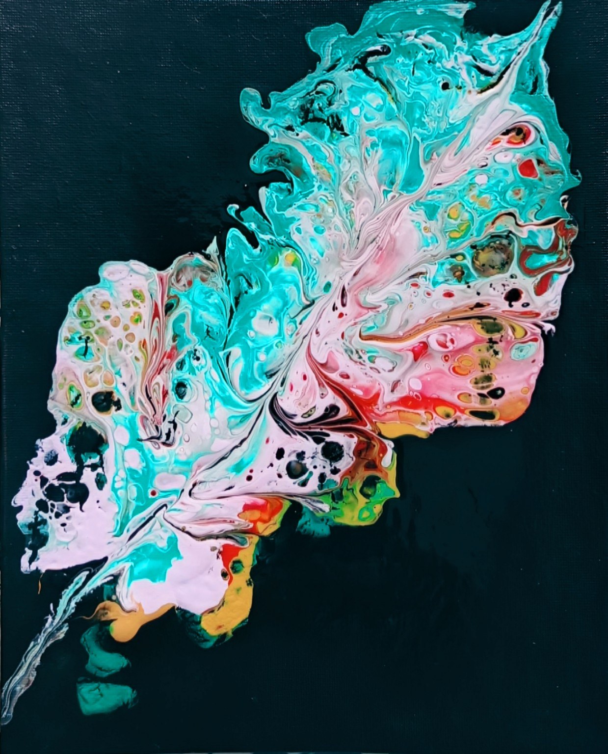 Abstract acrylic painting on a dark background, with flowing turquoise, pale pink, red and gold forms sweeping upwards in an organic, dreamlike shape.